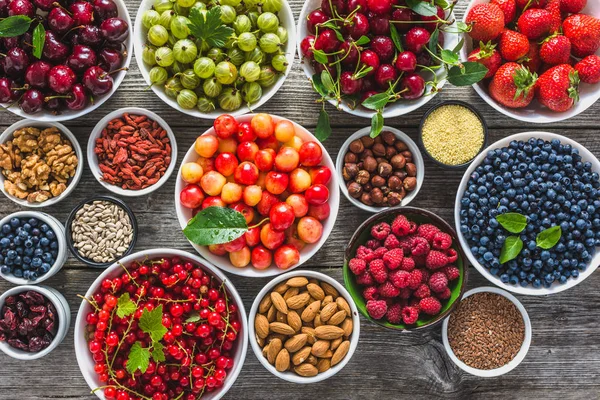 Organic Food Selection Fruit Fresh Berries Nuts Healthy Superfood Assortment — Stock Photo, Image