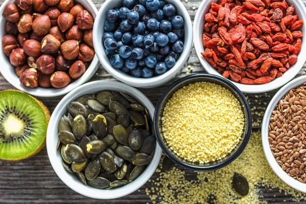 Healthy Vegan Food Top View Bowls Fresh Ingredients Breakfast Table — Stock Photo, Image