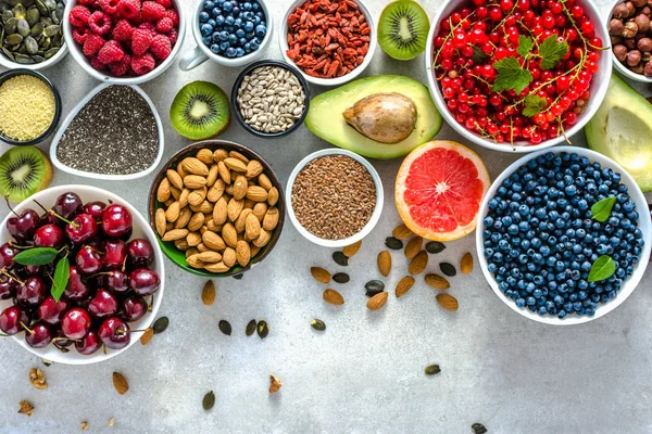 Healthy Food Table Breakfast Bowls Assorted Superfood Vegetarian Diet Fruits — Stock Photo, Image