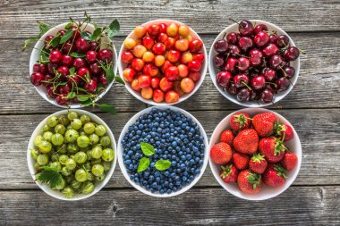Kase çilek ürün çeşitliliği ile. Taze berry meyve, üstten görünüm, düz yatıyordu