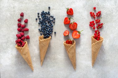 Gözleme koniler taze meyveleri. Çeşitli meyve, düz yatıyordu, en iyi görünümü berry