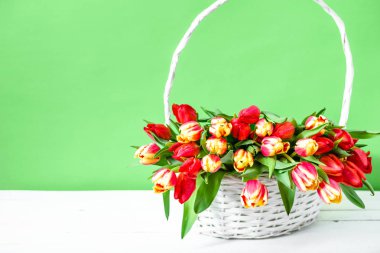Bahar easter Lale sepetin içinde. Dünya Kadınlar Günü için hediye 8 Mart ya da annenin gün arka plan olarak çiçek buketi.