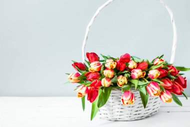 Lale denbahar buketi, çiçekli sepet. Anneler günü geçmişi.