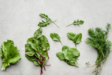 Çeşitli otlar ve sebzeler. Salataların taze organik yaprakları, üst manzara.