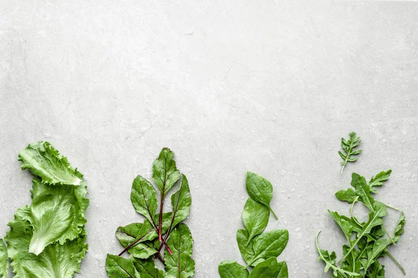 Different vegetable leafs. Fresh green salad leaves. Beet, arugula, lettuce, spinach. — Stock Photo, Image