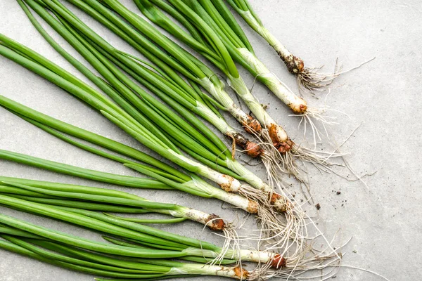 Свежий лук, зеленые свежие овощи, вид сверху — стоковое фото