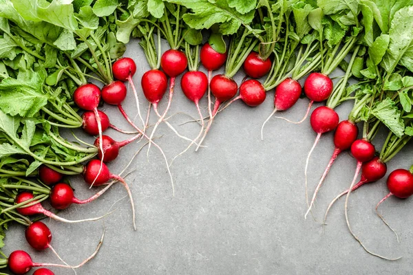 Gospodarstwo świeże warzywa. Organiczne czerwone rzodkiewki, świeże produkty ogrodowe — Zdjęcie stockowe