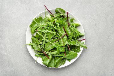 Arugula, ıspanak ve pancar yaprakları ile yeşil salata karışımı. Sağlıklı beslenme. Vegan gıda konsepti.