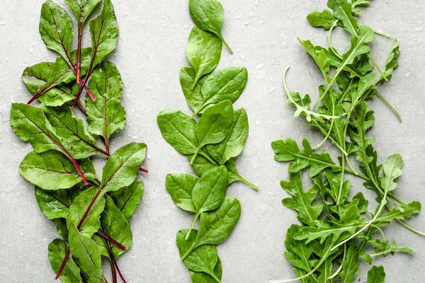 Çeşitli sebze yapraklar. Çiftlik taze yeşil salata yaprakları. Pancar, ıspanak ve arugula. Vejetaryen gıda, sağlıklı beslenme kavramı. — Stok fotoğraf