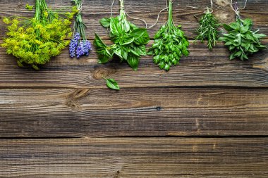 Ahşap arka planda çeşitli taze bitkiler.