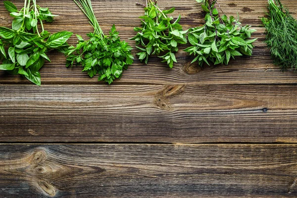 Bunches of fresh herbs from the garden. Mint, dill, parsley and basil herb, background with copy space. — Stock Photo, Image