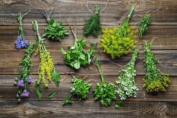 Fresh herbs bunch on wooden background