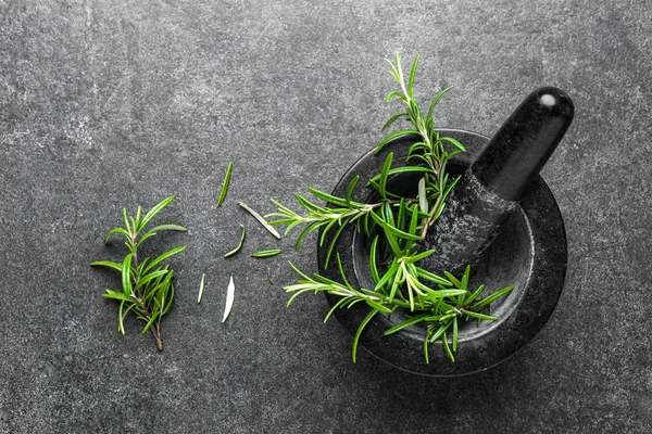 Fersk rosmarinplante. Bakgrunn med rosmarinurter i mørtel, sett ovenfra . – stockfoto