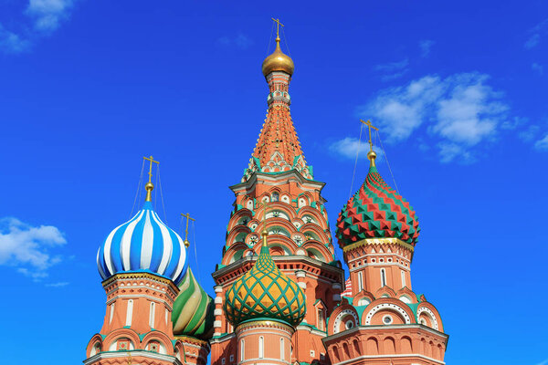 Domes of St. Basil's Cathedral against blue sky
