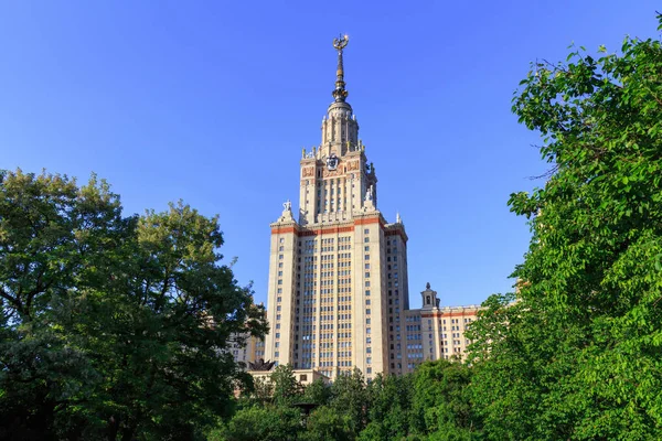 Yeşil ağaçlar karşı güneşli yaz akşamları Lomonosov Moskova Devlet Üniversitesi (MSÜ)