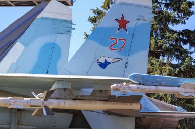 Moskova, Rusya - 01 Ağustos 2018: Silahlanma üzerinde sergi başarıları, Ulusal Ekonomi (Fuar) Moskova'da Rus uçağı Su-27 closeup güneşli yaz sabahı