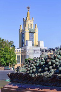 Moskova, Rusya - 01 Ağustos 2018: Pavilion tahıl Çeşme taş çiçek sergisi başarıları, Ulusal Ekonomi (Fuar) Moskova'da bir güneşli yaz sabahı bir arka plan üzerinde