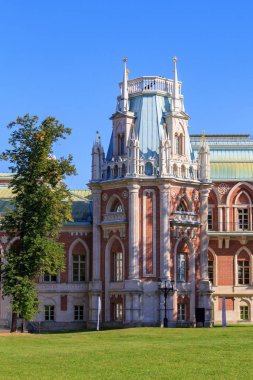 Moskova, Rusya - 12 Ağustos 2018: Tower of büyük Saray Müzesi-rezerv Tsaritsyno closeup arka plan mavi gökyüzünün ve güneşli yaz sabah yeşil çim üzerinde içinde