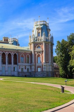 Moskova, Rusya - 12 Ağustos 2018: Parçası büyük Saray Müzesi-rezerv Tsaritsyno üzerinde mavi bir gökyüzü ve yeşil çim arka planda güneşli yaz sabahı mimari topluluğu