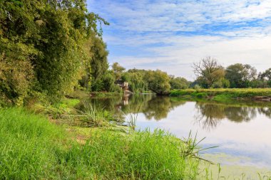 Arka plan mavi gökyüzü karşı kıyısında yeşil ağaçlar üzerinde küçük nehir. Güneşli sonbahar sabahı, nehir manzara