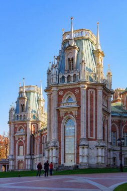 Moskova, Rusya - 17 Ekim 2018: Güneşli sonbahar günü, Moskova'da Tsaritsyno Park Grand palace'nın bir arka plan resmi bir turist alır