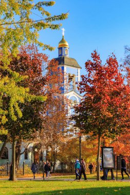 Moskova, Rusya - 17 Ekim 2018: Kilise Tanrı'nın hayat veren bahar annenin güneşli sonbahar günü Moskova'da Tsaritsyno Park simgesinin