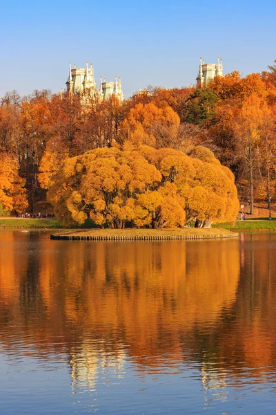 Большой Дворец Фоне Пруда Деревьев Золотыми Листьями Берегу Царицыно Парке — стоковое фото