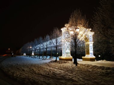 Moskova, Rusya - 17 Aralık 2018: Noel ışık süslemeleri Tsaritsyno Park Moskova'da kış geceleri