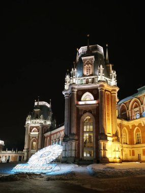 Moskova, Rusya - 17 Aralık 2018: Grand Tower palace parkta Tsaritsyno Moskova ile Noel ışık süslemeleri kış geceleri