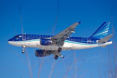 Moskova, Rusya-14 Mart 2019: Aircraft Airbus A319-100 4k-Az05 azal Azerbaycan Havayolları 'nın Moskova 'da Vnukovo Havaalanı 'nda güneşli sabah mavi gökyüzü arka planda iniş olacak