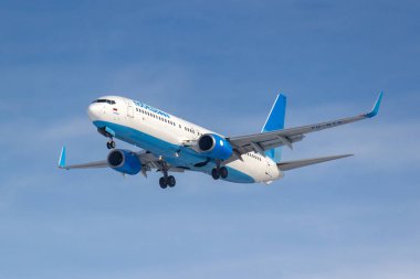 Moskova, Rusya-14 Mart 2019: uçak Boeing 737-800 VQ-BTS Pobeda Airine Sunny Morning mavi gökyüzü arka planda Moskova 'da Vnukovo Havaalanı iniş için gidiyor