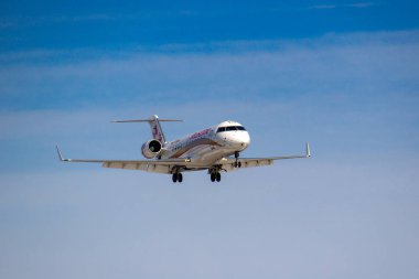 Moskova, Rusya-14 Mart, 2019: uçak Bombardier CRJ-100er (CL-600-2b19) VP-RusLine Airine bnm Sunny gün mavi bir gökyüzü arka planda Moskova 'da Vnukovo Havaalanı 'na iniş gidiyor