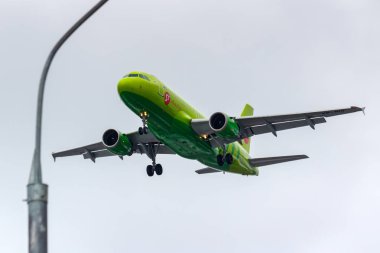 Moskova, Rusya - 17 Mart 2019: S7 - Sibirya Havayolları gri gökyüzü karşı Moskova Domodedovo Uluslararası Havaalanı'nda açılış olacak, uçak Airbus A319-114 Vp Bhi