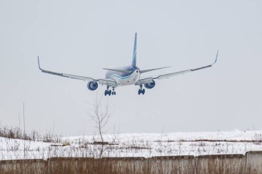 Moskova, Rusya-Mart 17, 2019: Aircraft Boeing 767-32l (er) (WL) 4k-Az82 azal Azerbaycan havayollarının Moskova 'da gri gökyüzüne karşı Domodedovo Uluslararası Havaalanı 'na iniş için gidiyor