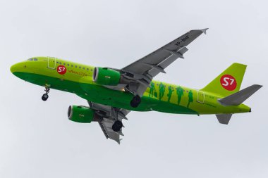 Moskova, Rusya - 17 Mart 2019: Uçak Airbus A319-114 Vp-birimi Bhf S7 - Sibirya Havayolları bulutlu bir günde gri gökyüzü karşı Moskova Domodedovo Uluslararası Havaalanı'nda açılış olacak