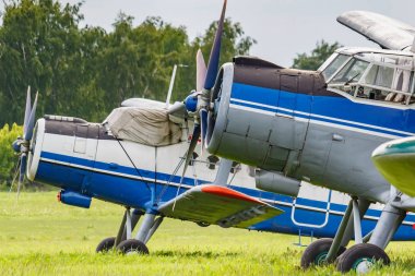 İki Sovyet uçağı çift kanatlı Antonov An-2 havaalanı closeup yeşil bir çim üzerine park