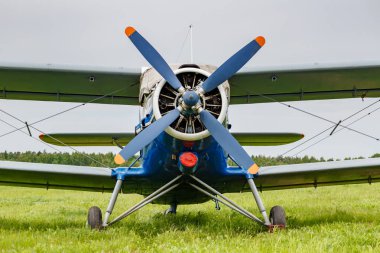 Beyaz ve mavi Sovyet çift kanatlı uçak Antonov An-2 bulutlu gökyüzüne karşı yeşil çimlere park etti.
