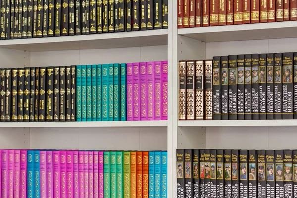 Moscow, Russia - June 02, 2019: Books on the stands closeup at the Book festival Red Square 2019 in Moscow — Stock Photo, Image