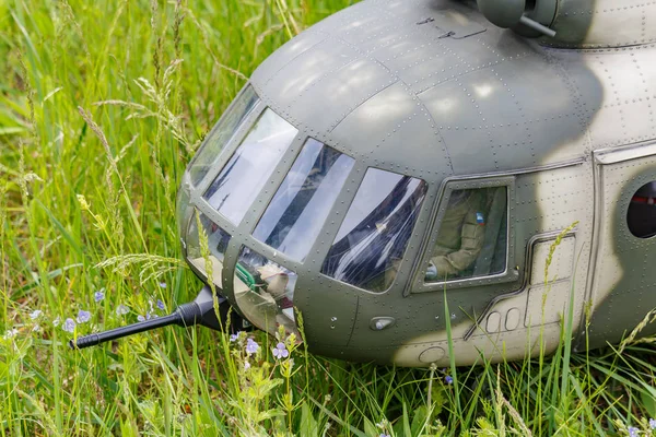 Balashikha, Moscow region, Russia - May 25, 2019: Pilots cabin of big scale RC model of russian multipurpose helicopter Mi-8 closeup. Aviation festival Sky Theory and Practice 2019 — Stock Photo, Image
