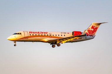 Moskova, Rusya - 20 Haziran 2019: Rusline havayolu şirketinden Bombardier Crj-100er Vp-Bnk, moskova'daki Domodedovo uluslararası havaalanına güneşli bir akşamda mavi gökyüzü arka planında iniş yaptı