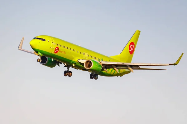 Moscow, Russia - June 20, 2019: Aircraft Boeing 737-8GJ(WL) VQ-BVM of S7 Siberia Airlines landing at Domodedovo international airport in Moscow on a blue sky background at sunny evening — Stock Photo, Image