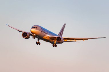 Moskova, Rusya - 20 Haziran 2019: Uçak Boeing 787-8 Dreamliner A7-Bcu Qatar Airways iniş Domodedovo uluslararası havaalanında Moskova'da mavi gökyüzü arka plan güneşli bir akşam