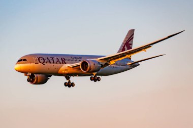 Moskova, Rusya - 20 Haziran 2019: Uçak Boeing 787-8 Dreamliner A7-Bcu Qatar Airways iniş Domodedovo uluslararası havaalanında Moskova'da mavi gökyüzü arka plan güneşli bir akşam