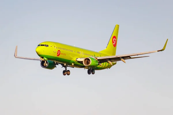 Moscow, Russia - June 20, 2019: Aircraft Boeing 737-8GJ(WL) VQ-BVM of S7 Siberia Airlines landing at Domodedovo international airport in Moscow on a blue sky background at sunny evening — Stock Photo, Image