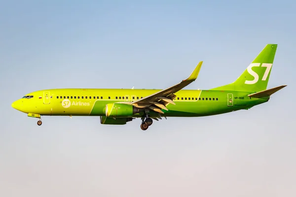 Moscow, Russia - June 20, 2019: Aircraft Boeing 737-83N(WL) VP-BQD of S7 Siberia Airlines landing at Domodedovo international airport in Moscow on a blue sky background at sunny evening — Stock Photo, Image