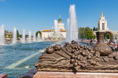 Moskova, Rusya-22 Temmuz 2019: VDNH parkta taş çiçek Çeşmesi güneşli yaz gününde mavi gökyüzüne karşı Moskova 'da. Ulusal Ekonomi başarıları sergi Rus popüler turistik dönüm noktasıdır