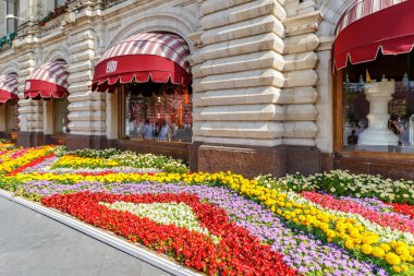 Moskova, Rusya - 28 Temmuz 2019: Moskova'daki Gum State Department Store'da geleneksel yıllık Çiçek Festivali. Güneşli yaz gününde vitrinlere karşı çiçek tarhları