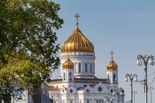 Zlaté kopy katedrály Krista Spasitele v Moskvě proti zeleným stromům za slunečného jarního rána — Stock fotografie
