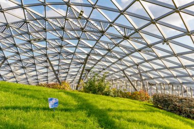 Moskova, Rusya - 08 Ekim 2019: Güneşli bir günde Moskova 'daki Zaryadye Parkı' nın büyük amfitiyatrosunda cam çatı altında yeşil çimenler