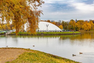 Moskova, Rusya - 16 Ekim 2019: Moskova 'daki Tsaritsyno Park' ın sonbahar manzarası. Orta Göl 'deki Podkova Adası bulutlu bir günde renkli yapraklı sonbahar ağaçlarına karşı.